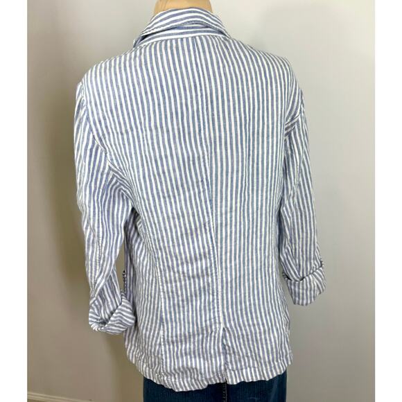 Tahari blue and white stripe deconstructed 100 linen jacket  size M - Picture 2 of 7